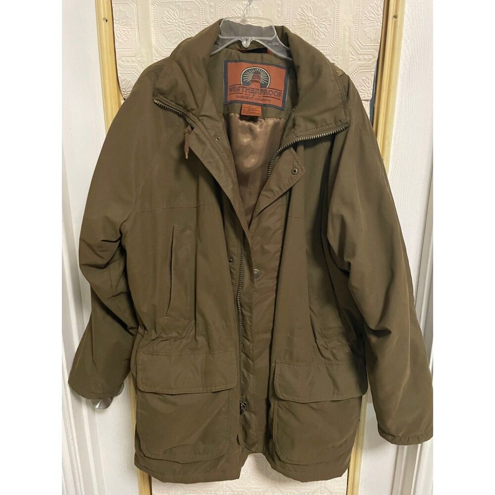 Waterproof Garment Co. long brown slicker jacket/coat with zip-away hood Size XL